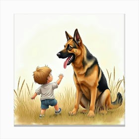 Watercolor Of A German Shepherd Protecting A Child In A Field 1 Canvas Print