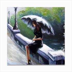 An oil painting of a woman sitting on the bench wearing a black dress holding a umbrella Canvas Print