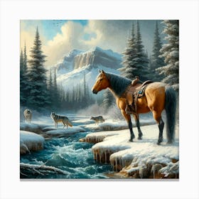 Beautiful Horse In Stream With Wolves 3 Canvas Print