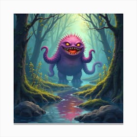 Monster In A Colorful Watercolor Swamp, Surrounded By Dark Magic 1 Canvas Print