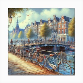 Bicycles Lined Up Along An Amsterdam Bridge In A Charming Digital Illustration, Style Digital Painting 1 Canvas Print