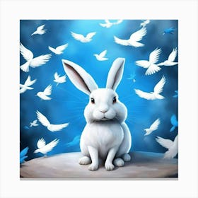 White Rabbit With Birds Canvas Print