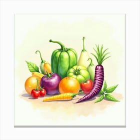 Watercolor Portrayal Of Colorful Vegetables And Fruits With A Gentle, Elegant Background 1 Canvas Print