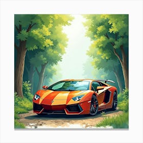 Lamborghini Aventador Surrounded By A Watercolor Lush Forest 1 Canvas Print