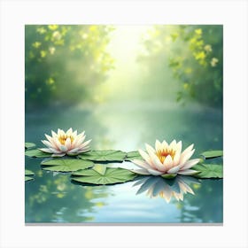 A Serene Watercolor Scene Of Lilies On A Calm Pond Canvas Print