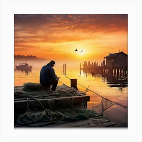 Sea Fisherman Mending Nets On A Rustic Wooden Dock At Dawn Mist Rolling Over Calm Waters Silhouett 537540339 (3) Canvas Print