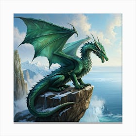 Green Dragon Perched On Jagged Cliffs Overlooking A Serene Icy Ocean Scales Shimmering With Iridesc Canvas Print