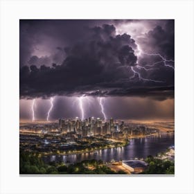A Dramatic Thunderstorm With Lightning Illuminating A City Skyline Canvas Print