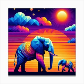 Brave Elephants At Sunset Canvas Print