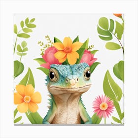 Floral Baby Iguana Nursery Illustration (21) Canvas Print