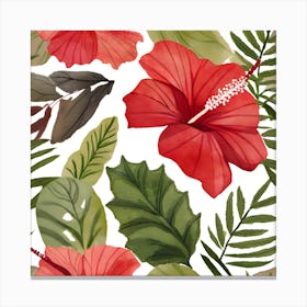 Botanical Wall Art Flowers Red Hibiscus Leaves #1 Canvas Print