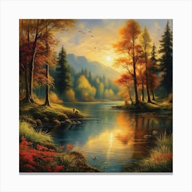 Autumn Lake,Forest Lake, Vintage Oil Painting, Farmhouse Wall Decorations, Antique Landscape, Vintage Landscape Oil Painting.3 3 Canvas Print