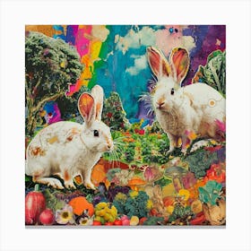 Rabbits Munching On Vegetables In The Field Kitsch Collage 2 Canvas Print