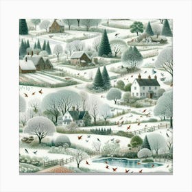 Winter Village With Trees And Lakes Canvas Print