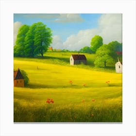 A vibrant summer landscape painting featuring a rolling plain of lush green grass and towering trees Canvas Print