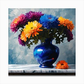 Vase of Orange, Blue & Purple Chrysanthemums Canvas Print