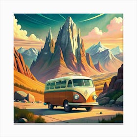 Vintage Camper Van In Mountain Landscape Canvas Print