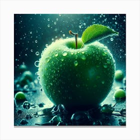 Green Apple With Water Drops Canvas Print