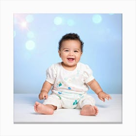 Beaming Infant Grinning Widely Seated In A Softly Lit Studio Space Pastel Colored Backdrop Offers Canvas Print