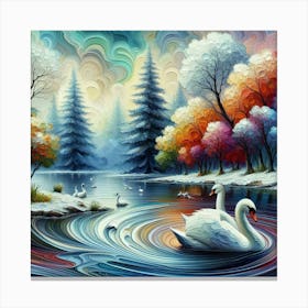 Ripple Pour Wet Acrylic Paint: Capturing Spring Dreams with Impasto Trees, Swans in the Lake, and a Thick Raised Texture – Highly Detailed Art in Crisp Clear Sharp Focus. Swan Painting Canvas Print