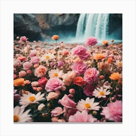 Pink Flowers In Front Of Waterfall 1 Canvas Print