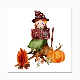 Cute Witch Reading A Book by fire Canvas Print