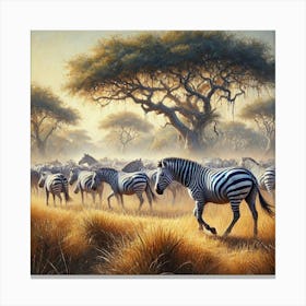 An Oil Painting Of A Herd Of Zebras In The Savanna.AI 1 Canvas Print