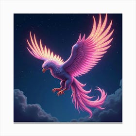 A Mythical Griffin With Feathers Of Cascading, Neon Patterns Soaring Through A Starlit Sky Canvas Print