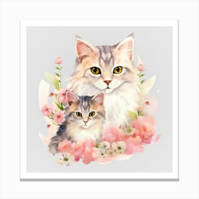 Watercolor Spring Mama And Baby Cats Canvas Print