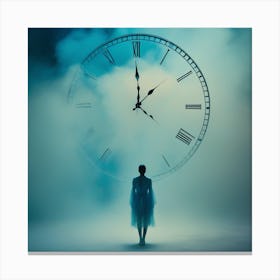 Woman Standing In Front Of A Clock Canvas Print
