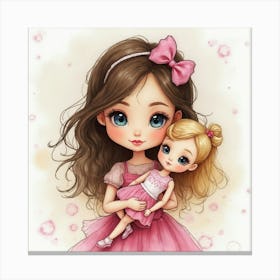 Girl Holding Cute Doll Stampe su tela