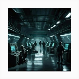 Command center in a futuristic facility with personnel monitoring screens and equipment at night Canvas Print