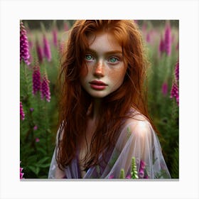 Red Haired Girl In Purple Flowers Canvas Print