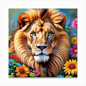 Blooms And Beasts: The Elegance Of Lions In Flowered Realms Canvas Print
