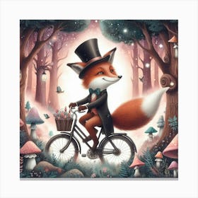 Fox Wearing A Top Hat Riding A Bicycle Through A Magical Forest (2) Canvas Print