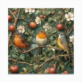 Three Birds In An Apple Tree Art Canvas Print