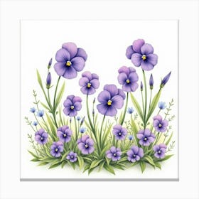 Delicate Watercolor Violets And Pansies In A Garden Canvas Print