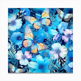 Blue Flowers And Butterflies Canvas Print