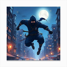 Ninja Fighter Leaping Through A Watercolor Cityscape At Night 1 Canvas Print