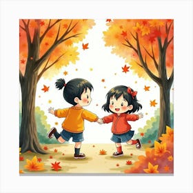 Japanese Children Playing In A Garden Surrounded By Colorful Autumn Leaves, Joyful Scene, Watercolor Canvas Print