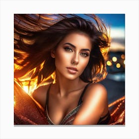 Beautiful Woman With Hair Blowing In The Wind Canvas Print