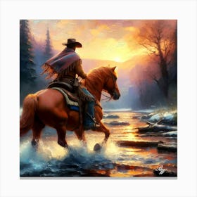 Cowboy Riding Across A Stream 4 Copy Canvas Print