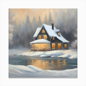 Winter House By The Lake Canvas Print