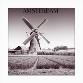 Windmill in a Field of Flowers, Black and White Photo, Wall Art Print Canvas Print