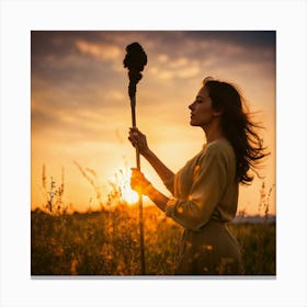 Woman Holding A Stick At Sunset Canvas Print