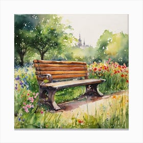 watercolor painting of a wooden bench in a park with flowers and green grass around it Canvas Print