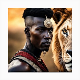 African Man And Lion Canvas Print