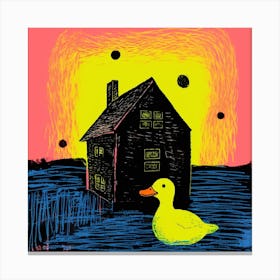 Duckling Outside A House Linocut Style 1 Canvas Print
