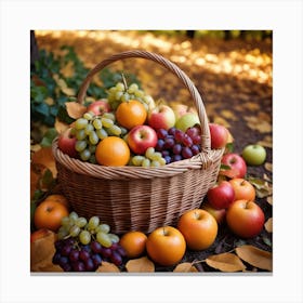 A Wicker Basket Filled With An Abundance Of Ripe Fruits Like Apples, Oranges And Grapes Arranged Neatly On The Ground Surrounded By Leaves 3 Canvas Print