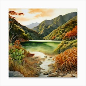 Watercolour Landscape Marlborough Sounds Earthy Tones Canvas Print